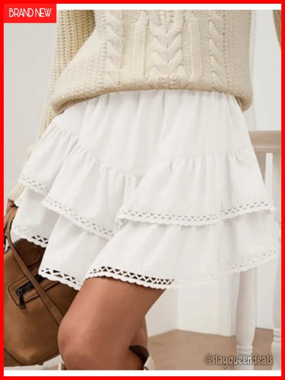 Flowy Skort with Ruffle Tiered Hem and Crochet Trim, High Waist, Mini Length,